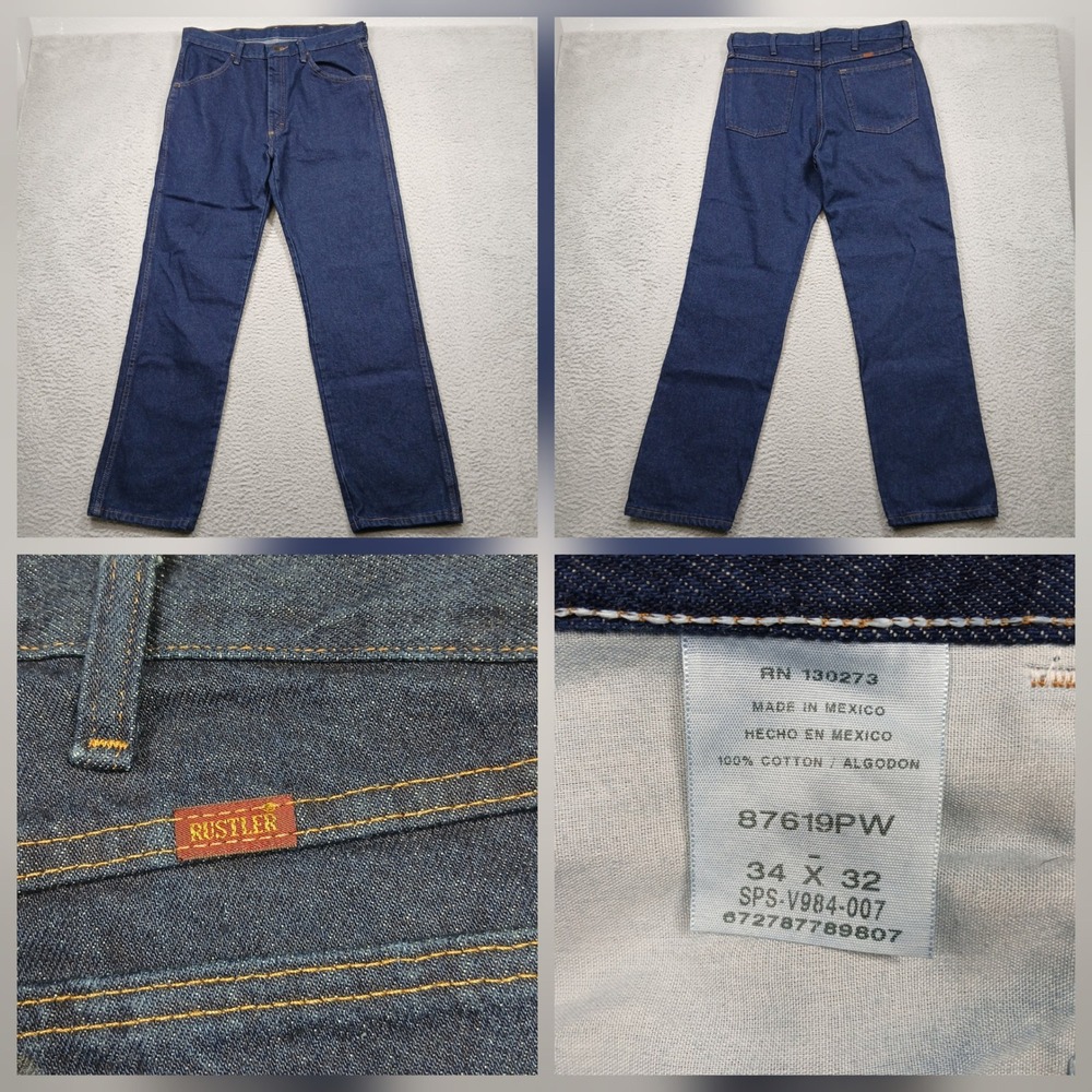 Rustler Jeans Men's 34x32 Blue Straight Leg 100% Cotton Denim